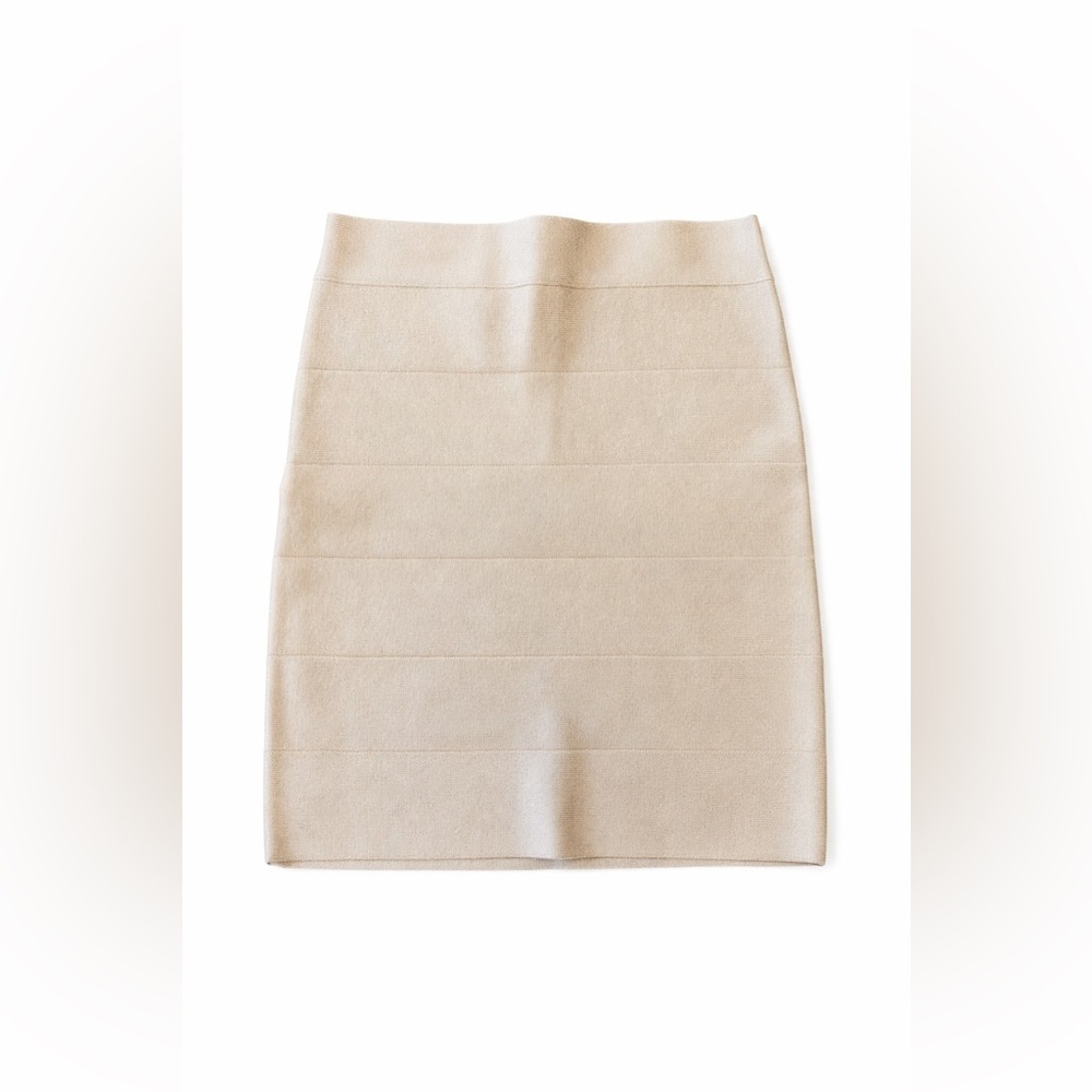 Bebe Beige Bandage Mini Skirt Size Small Bodycon Stretch Knit Sexy Neutral Skirt - Picture 2 of 9